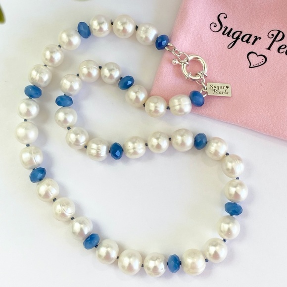 Sugar Pearls Jewelry - Freshwater Pearl & Blue Agate Necklace/Hand Knotted